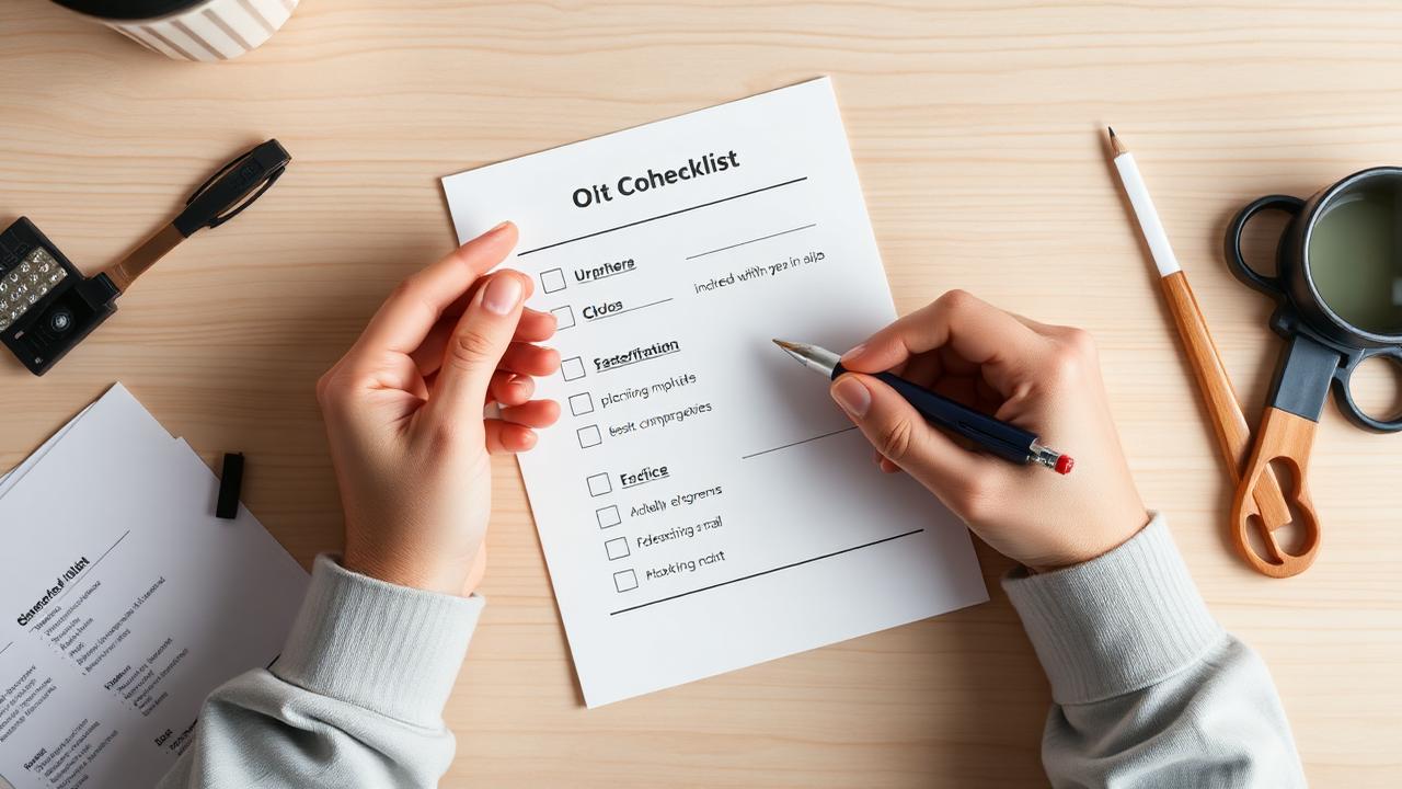 Mãos preenchendo um checklist sobre mesa de madeira