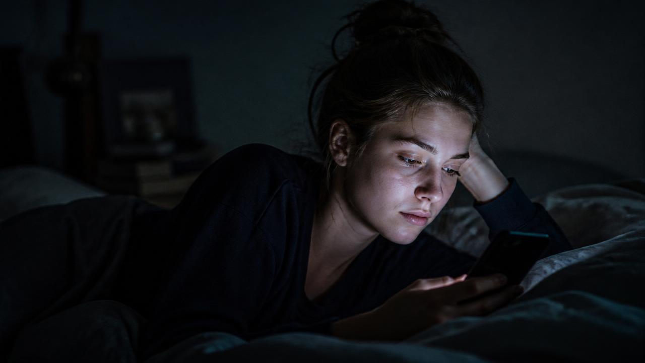 Tela de smartphone iluminando rosto à noite