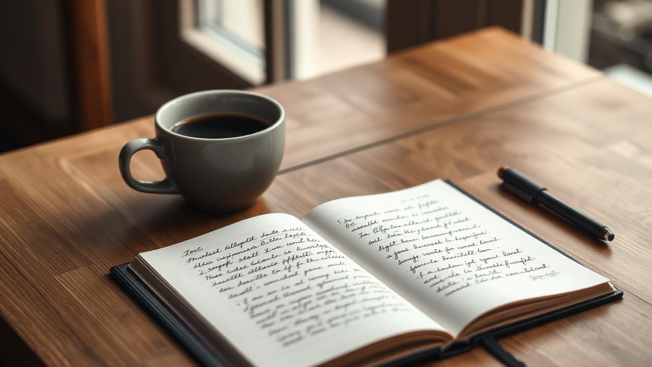 Caderno aberto e xícara de café sobre mesa de madeira — reflexão e estudo