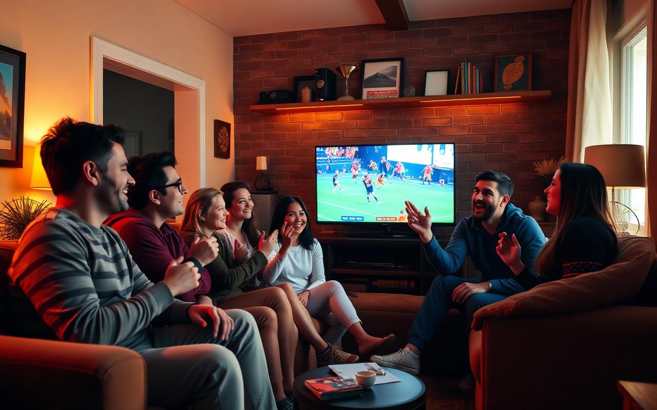 Grupo de pessoas reunidas em sala de estar assistindo a um jogo na TV