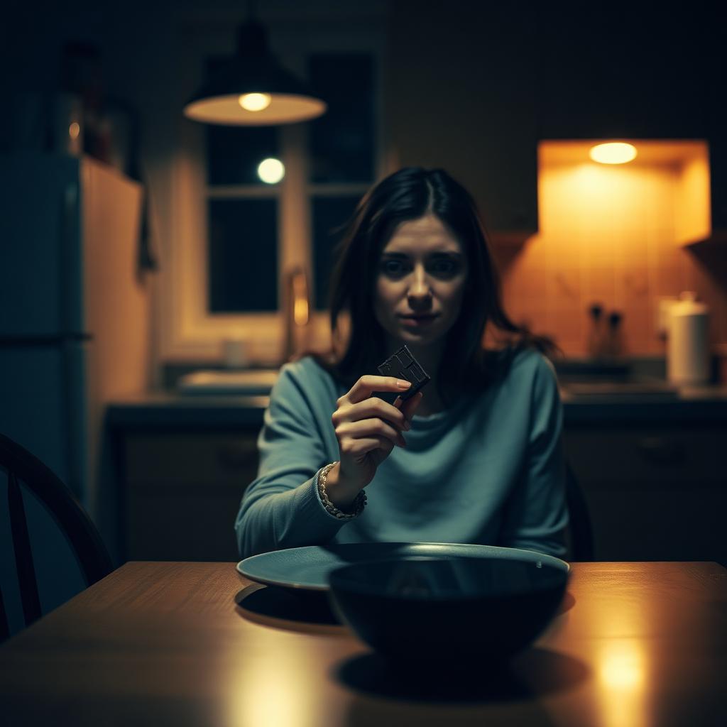 Pessoa sentada à mesa da cozinha à noite segurando um pedaço de chocolate