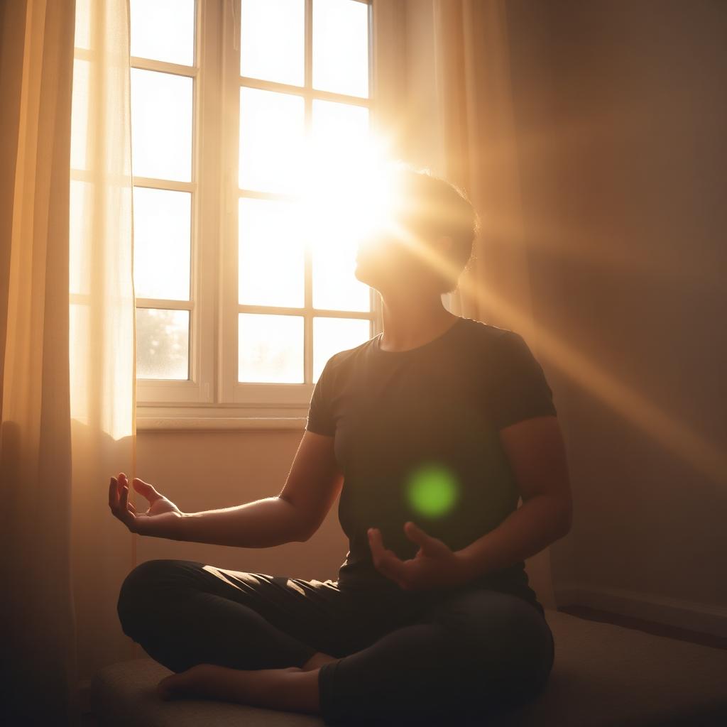 Pessoa meditando em silêncio próxima a uma janela iluminada pelo sol da manhã