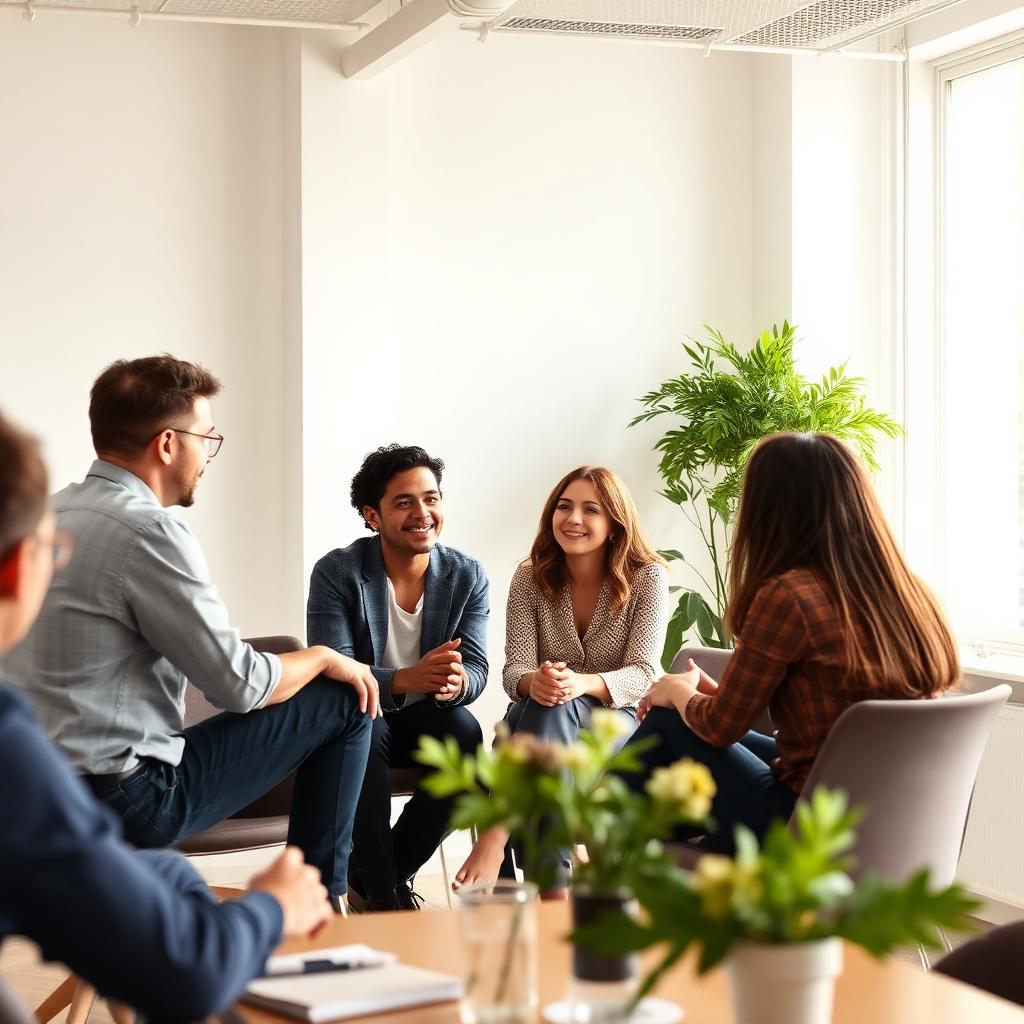 Equipe diversa em conversa tranquila em sala de reunião iluminada por luz natural