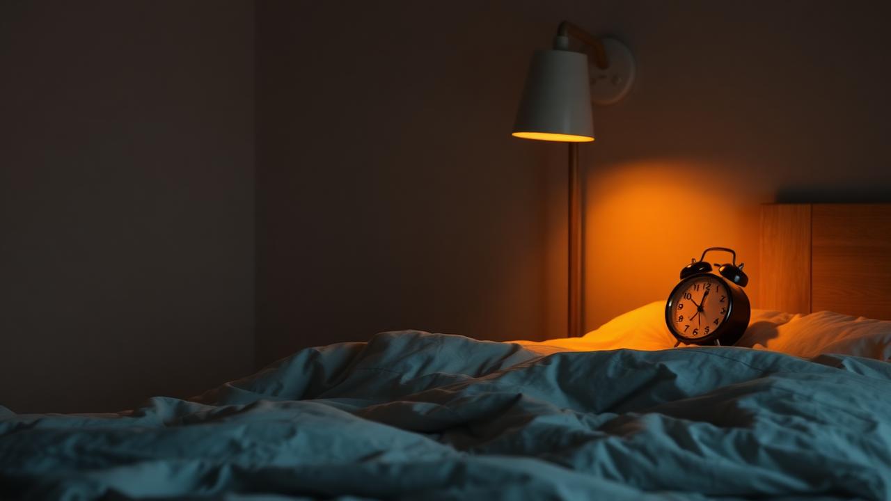 Quarto com luz quente e despertador na mesa de cabeceira